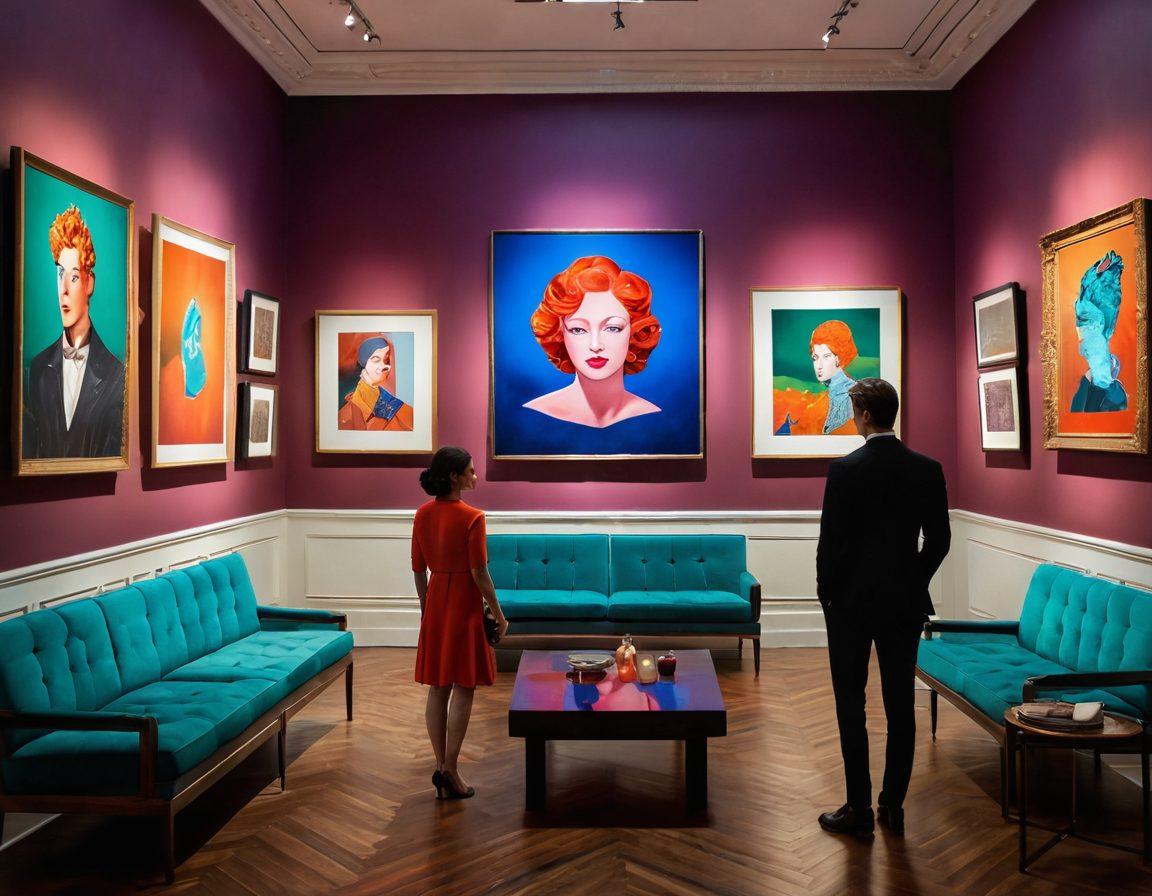 A visually striking composition featuring a tasteful art gallery filled with various graphic masterpieces, showcasing vibrant colors and intricate details. In the foreground, an elegantly dressed couple admires the artworks, hinting at a sense of allure and sophistication. Soft lighting enhances the seductive atmosphere, creating an intimate feel. Modern artistic elements contrast with classical styles, inviting viewers to explore the intersection of taste and expression. super-realistic. vibrant colors. soft lighting.