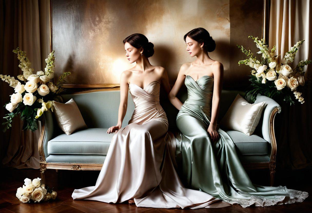 A captivating collage of elegant intimate imagery showcasing various textures and soft lighting, featuring gracefully posed figures in luxurious fabrics, delicate floral arrangements intertwined, and tasteful artful compositions. The color palette should be warm and inviting, with a focus on elegance and intimacy. Include subtle hints of nature in the background to enhance the intimacy feel. super-realistic. warm tones. soft focus.